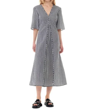Ganni Seersucker Check V-neck Long Dress In Egret In White