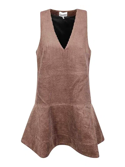 Ganni Seersucker Corduroy V-neck Mini Dress In Burgundy