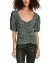Ganni Check Ruched Stretch Seersucker Blouse In Green