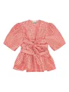 Ganni Red Crinkled Check Taffeta Blouse