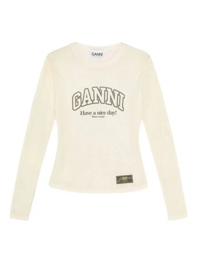 Ganni Semi-transparent Long-sleeved T-shirt With Logo In Neutral