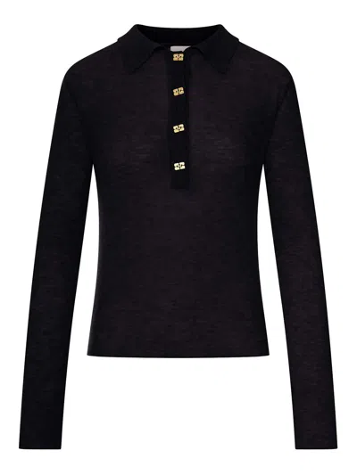 Ganni Semi-transparent Wool Polo In Black
