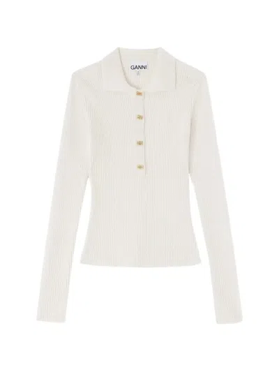 Ganni White Fine Sequin Knitted Polo In Neutral