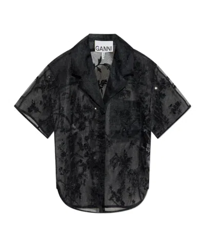 Ganni Sequin-embellished Short-sleeve Shirt In Black