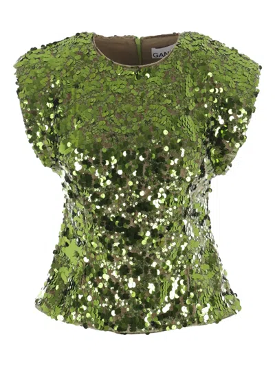 Ganni Women Velvet Sequined Top In Green