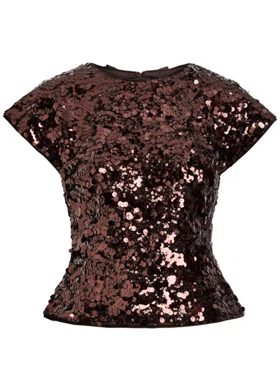 Ganni Womens Demitasse Bow-embroidered Sequin-embellished Velvet Top In Brown