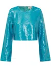 Ganni Sequined Cropped Blouse In Blue