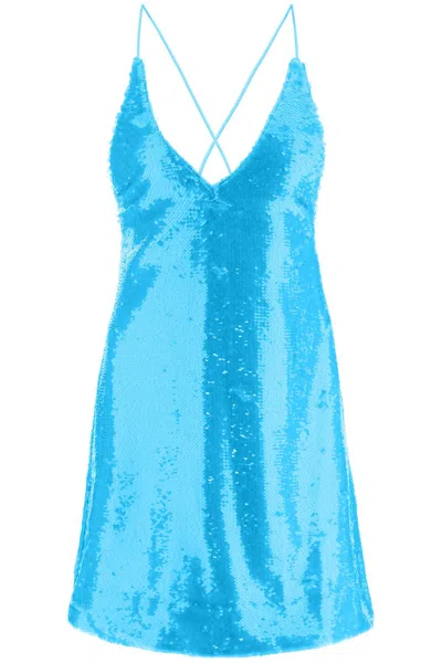 Ganni Sequined Recycled Satin Mini Dress In Blue Curacao