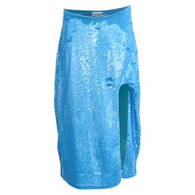Ganni Sequin-embellished Midi Skirt With Slit In Blue Polyester