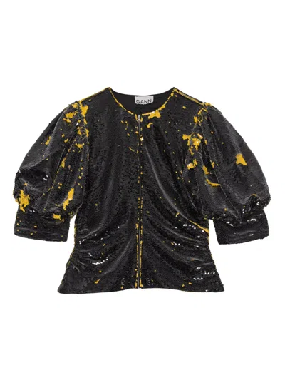 Ganni Sequinned Puff-sleeve Blouse In Black