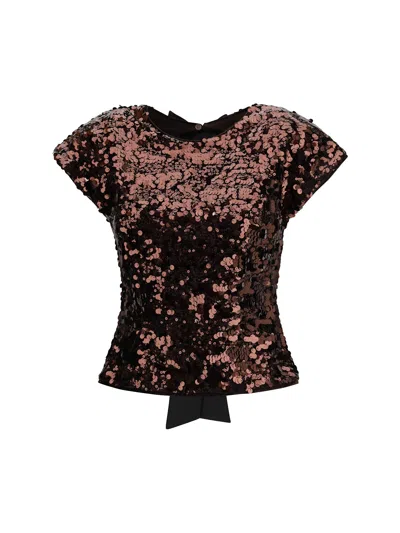 Ganni Womens Demitasse Bow-embroidered Sequin-embellished Velvet Top In Brown