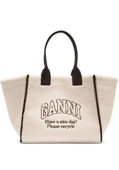 Ganni Shearling Xxl Tote Bag Woman Egret In Pattern