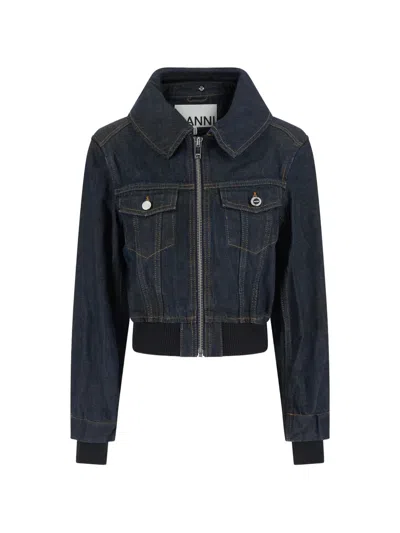 Ganni Shearling-collar Zip-up Denim Jacket In Blue