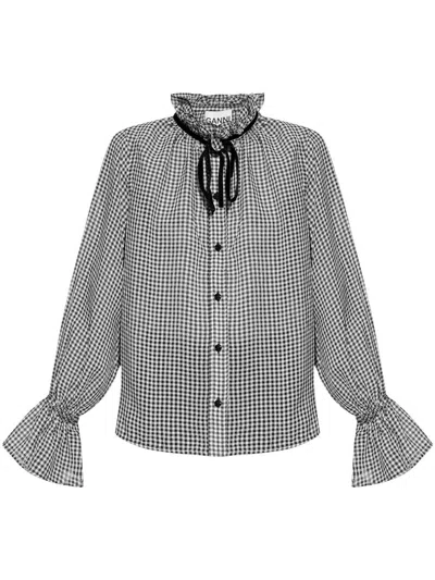 Ganni Sheer Check Shirt In Black