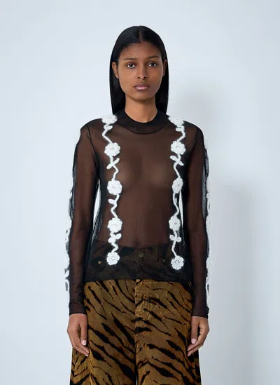 Ganni Sheer Floral Crochet Sweater In Black