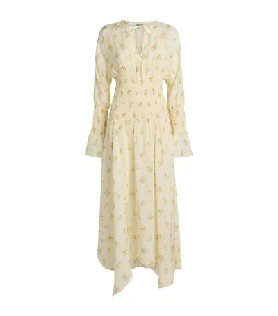 Ganni Sheer Floral Smocked Midi Dress In White