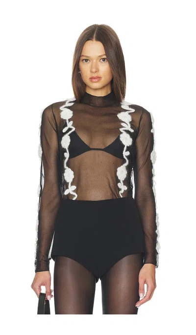 Ganni Sheer Flower Crochet Applique Top In Black