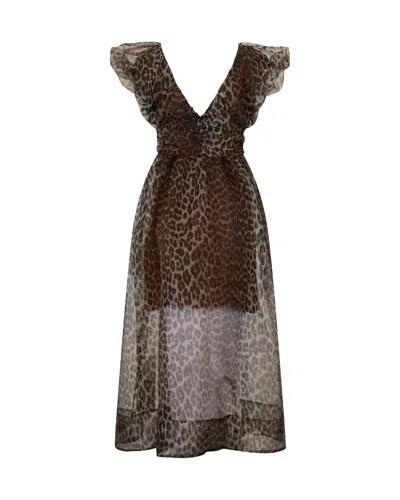 Ganni Sheer Leopard Print Ruffle Sleeve Maxi Dress In Brown
