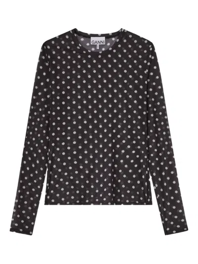 Ganni Sheer Polka Dot Long Sleeve Crew Sweater In Multi