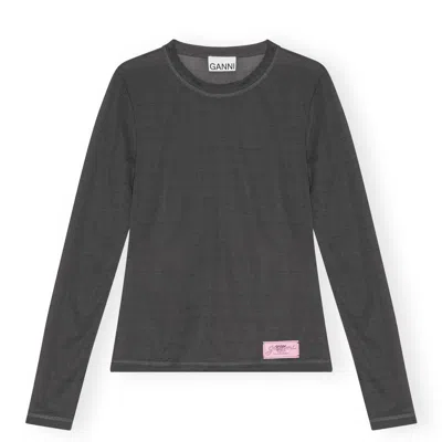 Ganni Black Sheer Mesh Jersey Long Sleeve Top In Gray