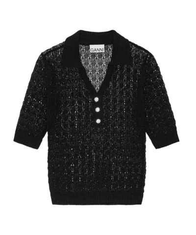 Ganni Sheer Open-knit Top In Nero Neri E Grigi