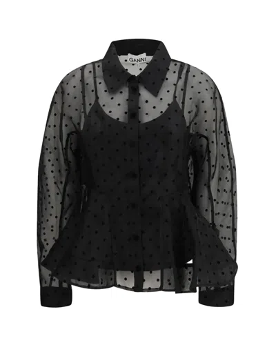 Ganni Sheer Polka Dot Button-up Blouse In Black