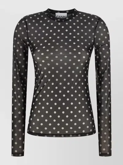 Ganni Sheer Polka Dot Long Sleeve Crew Sweater In Multi