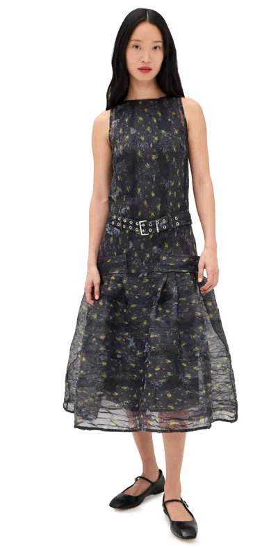 Ganni Shibori Organza Belted Long Dress Black Sand In Blue