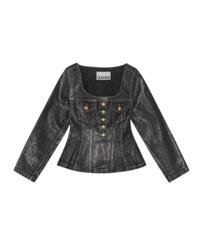 Ganni Shimmery Foil Denim Blazer In Black