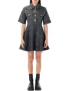 Ganni Shimmery Foil Denim Mini Dress In Black