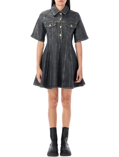 Ganni Shimmery Foil Denim Mini Dress In Black