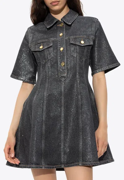 Ganni Shimmery Foil Flared Mini Denim Dress In Black