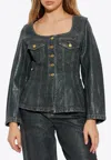 Ganni Shimmery Foil Peplum Denim Jacket In Black