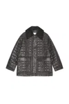 Ganni Shiny Black Quilted Midi Jacket With Pointed Collar