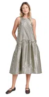 GANNI SHINY CHECK JACQUARD MIDI DRESS LEMON ICING