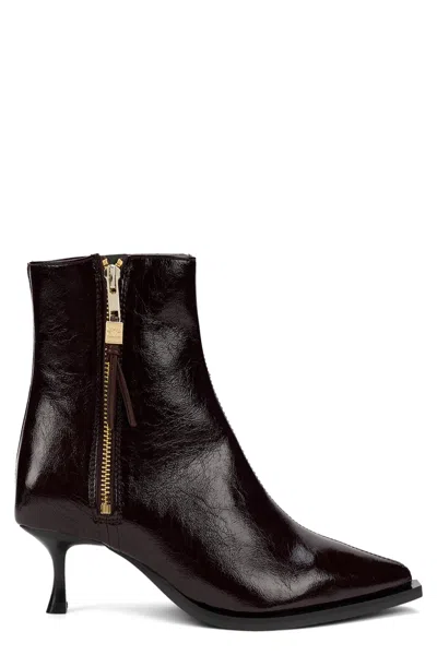 Ganni Shiny Pointed-toe Stiletto Ankle Boot With Side Zipper In Black