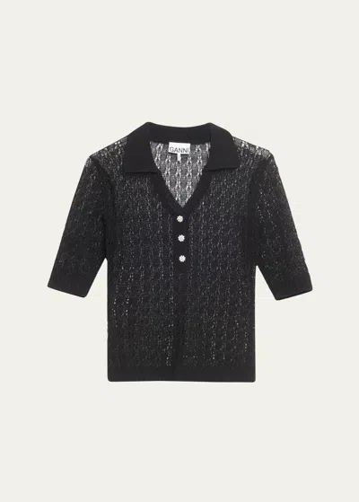 Ganni Shiny Pointelle Knit Short-sleeve Polo Shirt In Black