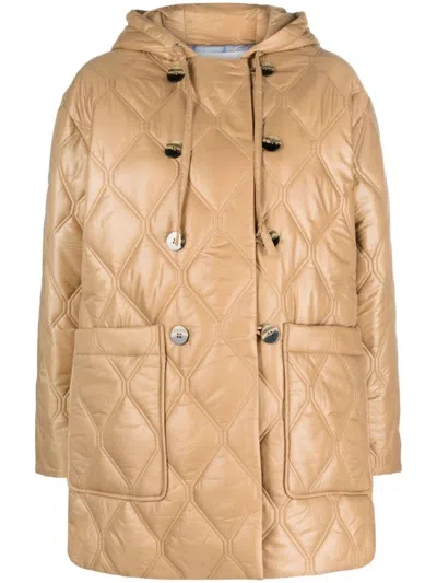 Ganni Shiny Quilt Hooded Jacket In Gold