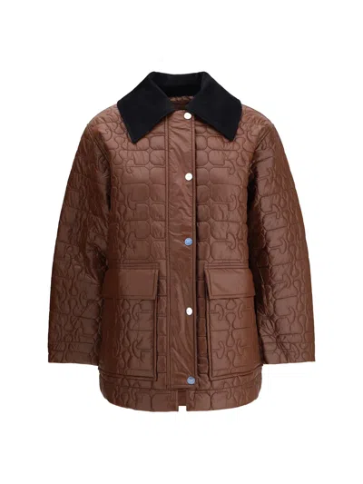 Ganni Shiny Quilt Midi Jacket In Brown