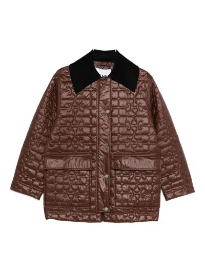Ganni Shiny Quilt Midi Jacket In Brown
