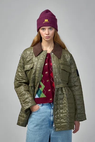 Ganni Shiny Quilt Midi Jacket In Green