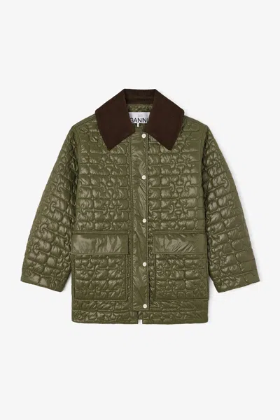 Ganni Shiny Quilt Midi Jacket - Size Xxs/xs Green