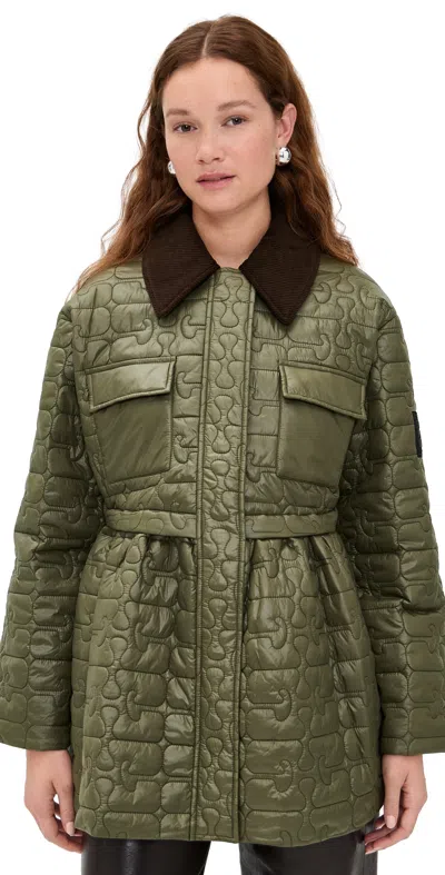 Ganni Shiny Quilted Midi Flare Jacket Kalamata In Green