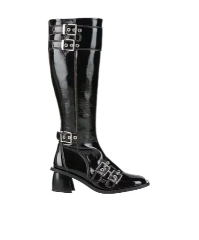 Ganni Shiny Round-toe Knee-high Boots In Black