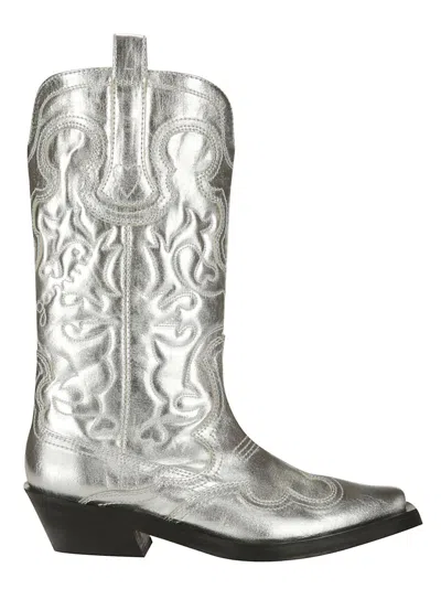 Ganni Mid-calf Embroidered Cowboy Boots In Grey