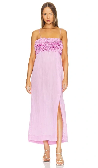 Ganni Shiny Spaghetti-strap Ruffle Maxi Dress In Lilac Sachet