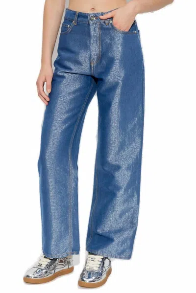 Ganni Shiny Weft Denim Jeans In Blue