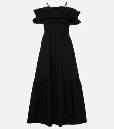 Ganni Black Cotton Poplin Off-the-shoulder Long Smock Dress