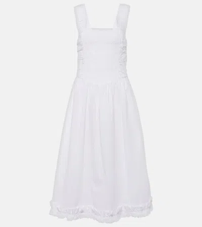 Ganni Shirred Cotton Poplin Midi Dress In White