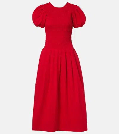 Ganni Smocked Cotton Pleated Dress Goji Berry In Red